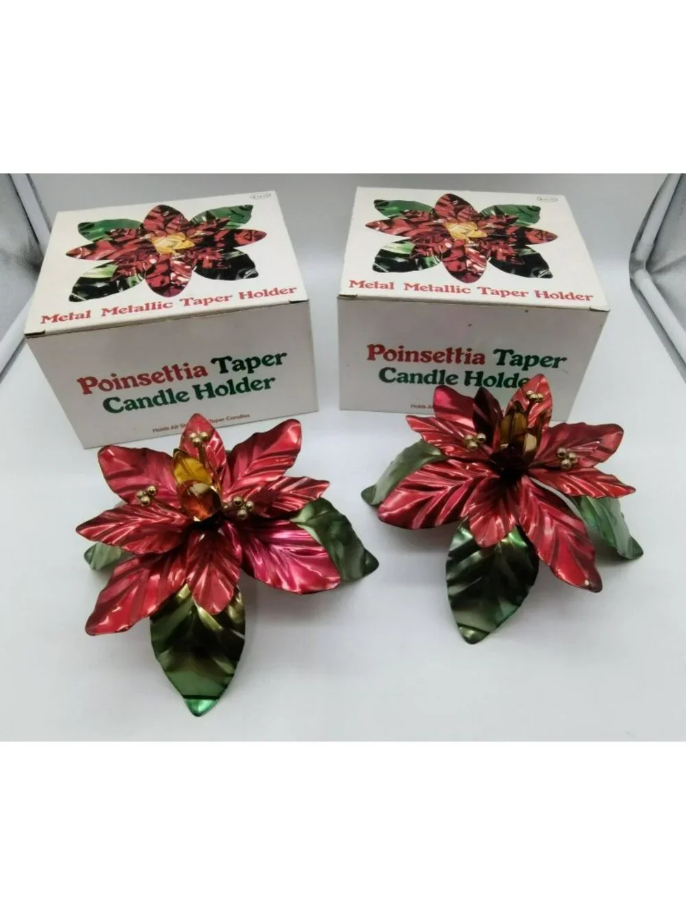 2 Vintage Christmas Taper Candle Holders Shiny metal Poinsettia Flower, Orig Box